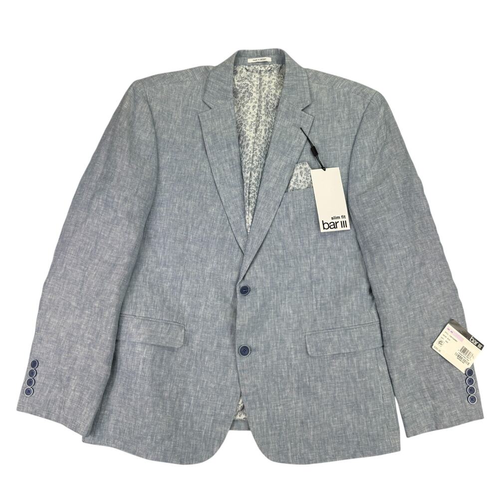 Bar III Mens Slim Fit 100% Linen Solid Suit Jacket Blue 42S